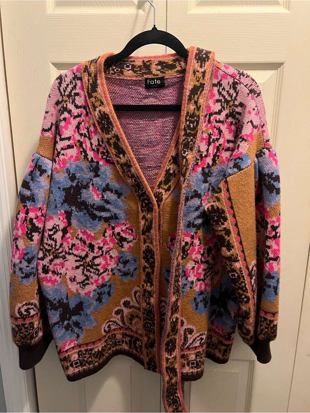 Fate Multicolor Floral Jacquard Cardigan — Pink, Blue, Brown